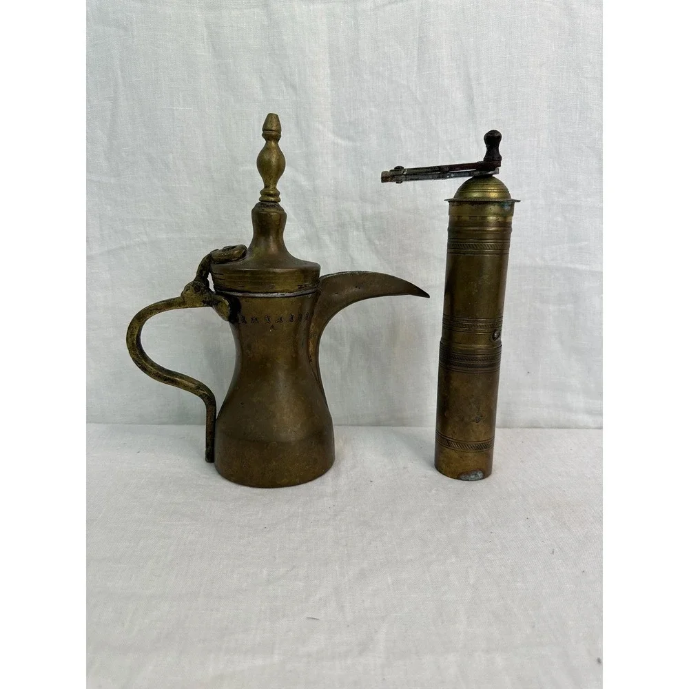 Vintage Islamic Turkish Brass Dallah Coffee Pot and Coffee Grinder Set Gold